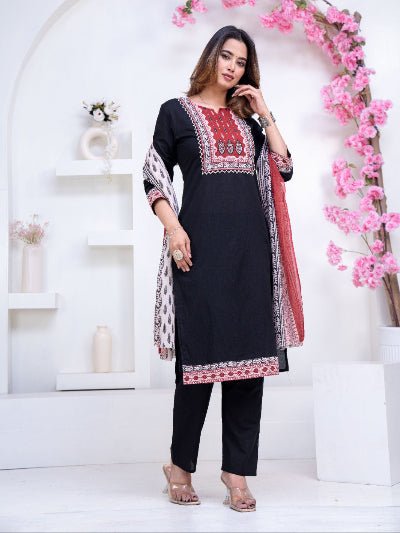 Black Stunning Adda Work Cotton Straight Suit Set - BONYHUBSALWAR KAMEEZ