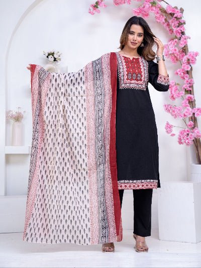Black Stunning Adda Work Cotton Straight Suit Set - BONYHUBSALWAR KAMEEZ