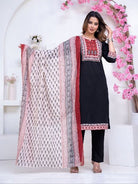Black Stunning Adda Work Cotton Straight Suit Set - BONYHUBSALWAR KAMEEZ
