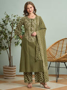 Olive Green Bandhani Printed Cotton Straight Suit Set - BONYHUBSALWAR KAMEEZ