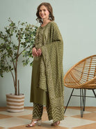 Olive Green Bandhani Printed Cotton Straight Suit Set - BONYHUBSALWAR KAMEEZ