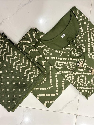 Olive Green Bandhani Printed Cotton Straight Suit Set - BONYHUBSALWAR KAMEEZ