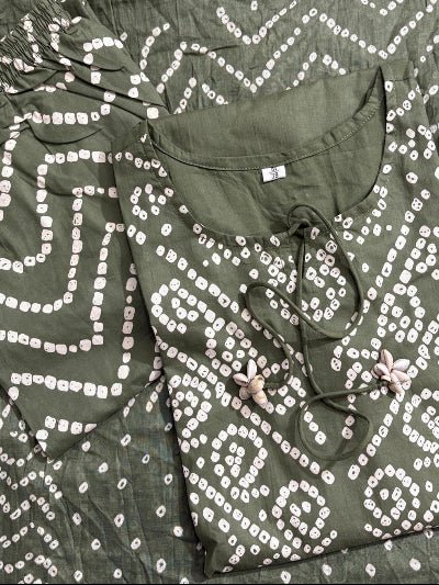 Olive Green Bandhani Printed Cotton Straight Suit Set - BONYHUBSALWAR KAMEEZ