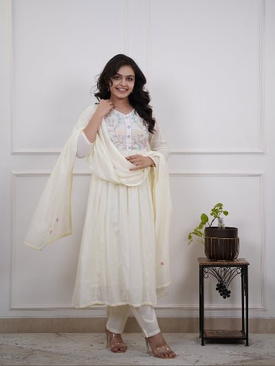 Graceful White Malmal Cotton Embroidery Anarkali Suit Set - BONYHUBSALWAR KAMEEZ
