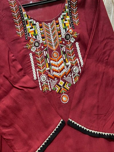 Gota Lace Red Embroidery Cotton Straight Suit Set - BONYHUBSALWAR KAMEEZ