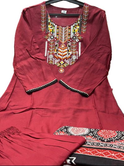 Gota Lace Red Embroidery Cotton Straight Suit Set - BONYHUBSALWAR KAMEEZ