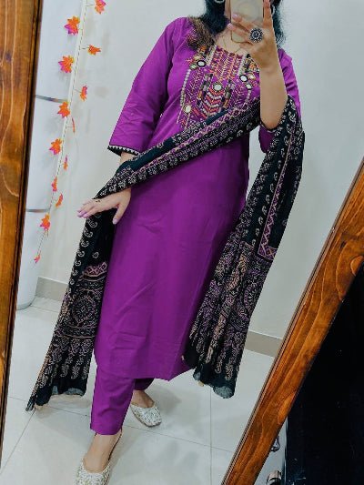 Gota Lace Purple Embroidery Cotton Straight Suit Set - BONYHUBSALWAR KAMEEZ