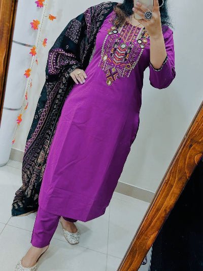 Gota Lace Purple Embroidery Cotton Straight Suit Set - BONYHUBSALWAR KAMEEZ