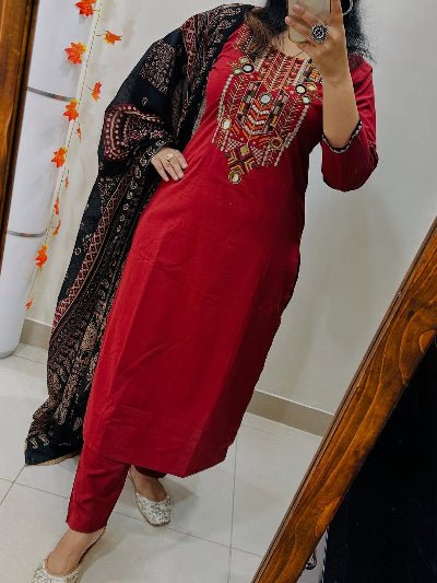Gota Lace Red Embroidery Cotton Straight Suit Set - BONYHUBSALWAR KAMEEZ