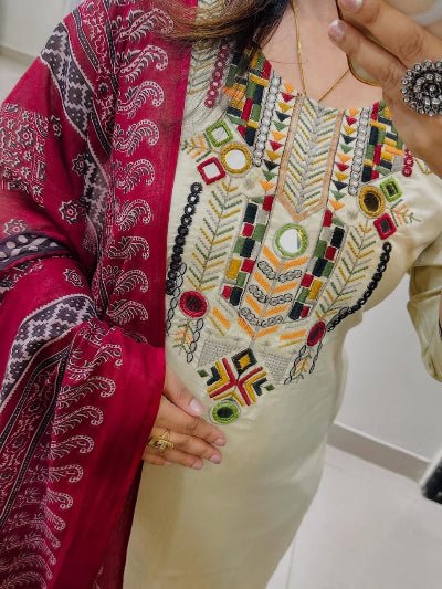 Gota Lace White Embroidery Cotton Straight Suit Set - BONYHUBSALWAR KAMEEZ