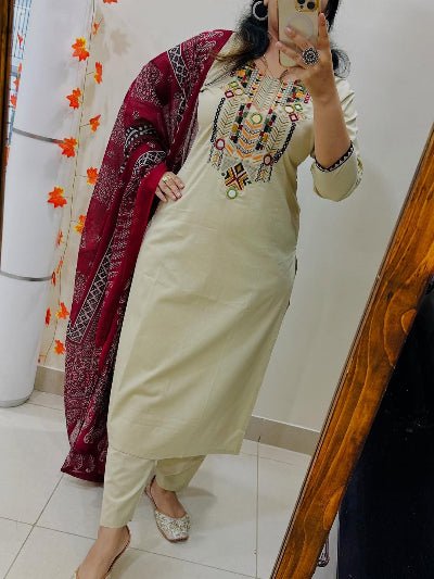 Gota Lace White Embroidery Cotton Straight Suit Set - BONYHUBSALWAR KAMEEZ