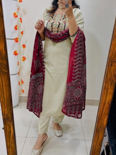 Gota Lace White Embroidery Cotton Straight Suit Set - BONYHUBSALWAR KAMEEZ