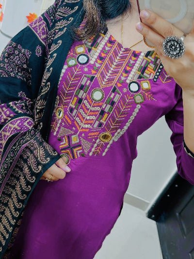 Gota Lace Purple Embroidery Cotton Straight Suit Set - BONYHUBSALWAR KAMEEZ