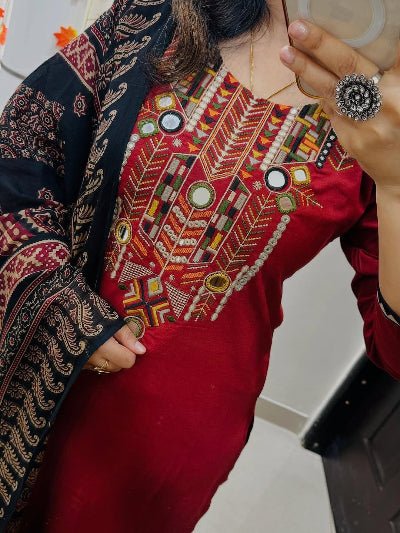 Gota Lace Red Embroidery Cotton Straight Suit Set - BONYHUBSALWAR KAMEEZ