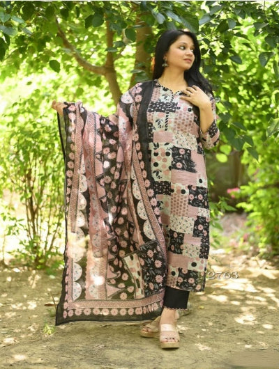 Pink & Black Chanderi Printed Straight Suit Set - BONYHUBSALWAR KAMEEZ