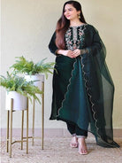 Rich Bottle Green Thread Embroidery Velvet Straight Suit - BONYHUBSALWAR KAMEEZ