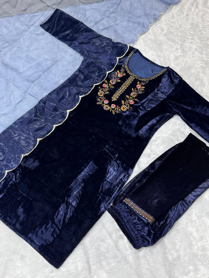 Rich Navy Blue Thread Embroidery Velvet Straight Suit - BONYHUBSALWAR KAMEEZ