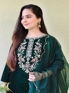 Rich Bottle Green Thread Embroidery Velvet Straight Suit - BONYHUBSALWAR KAMEEZ