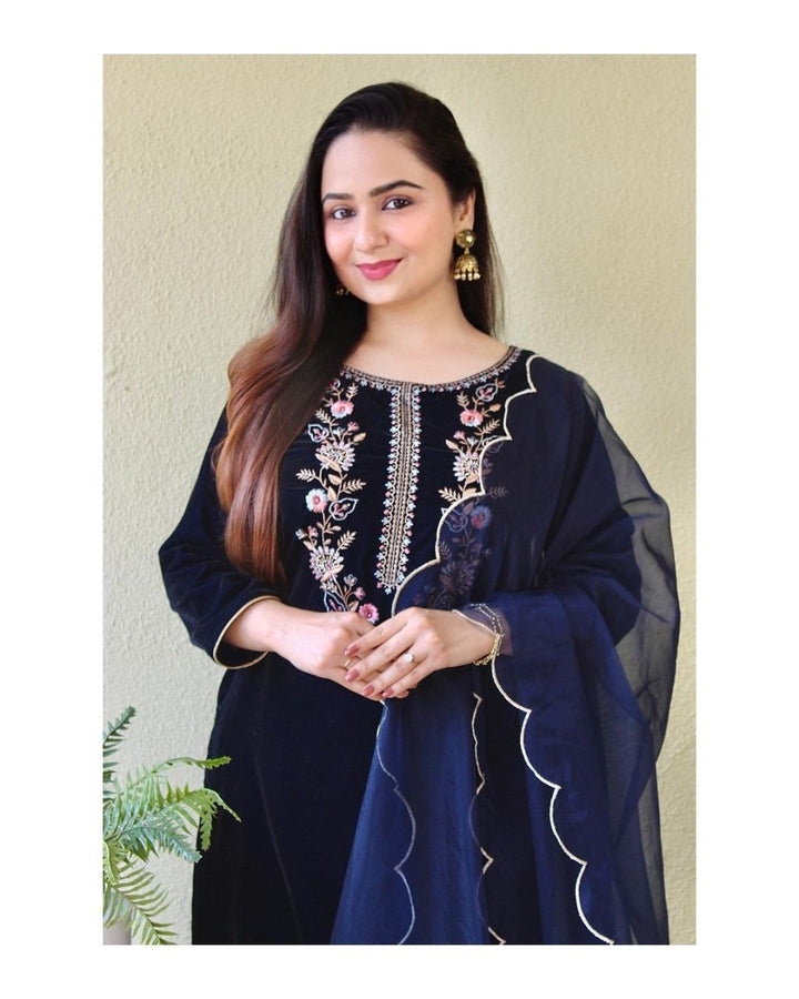 Rich Navy Blue Thread Embroidery Velvet Straight Suit - BONYHUBSALWAR KAMEEZ