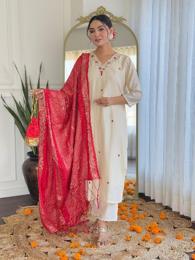 White Roman Silk Embroidery Straight Suit with Red Dupatta - BONYHUBSALWAR KAMEEZ