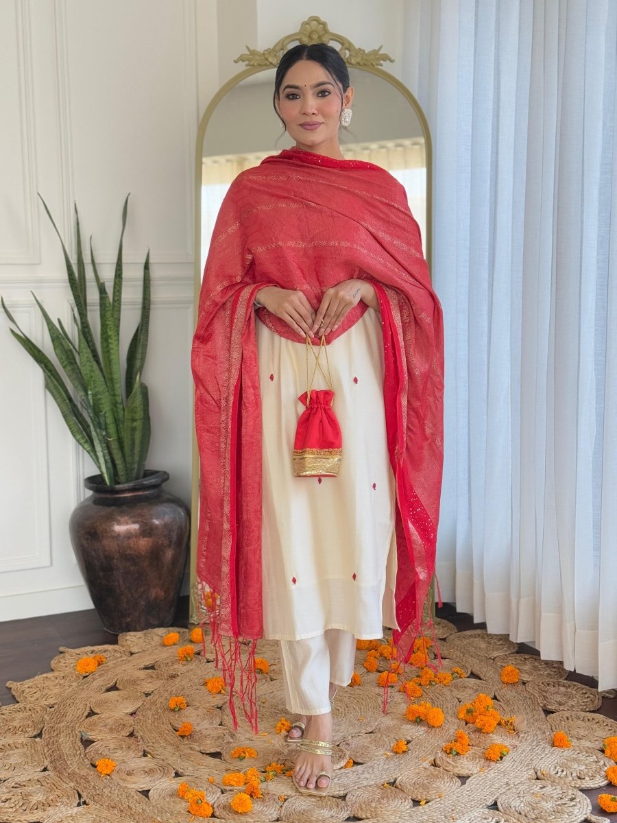 White Roman Silk Embroidery Straight Suit with Red Dupatta - BONYHUBSALWAR KAMEEZ