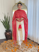 White Roman Silk Embroidery Straight Suit with Red Dupatta - BONYHUBSALWAR KAMEEZ