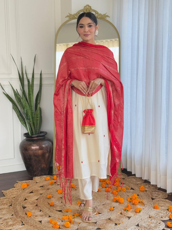 White Roman Silk Embroidery Straight Suit with Red Dupatta - BONYHUBSALWAR KAMEEZ