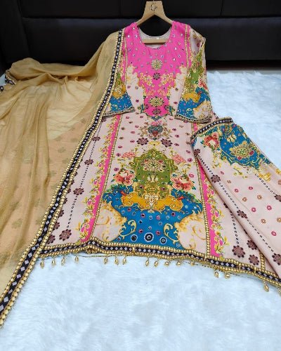 Plus Size Golden Beige Festive Elegant Suit Set - BONYHUBSALWAR KAMEEZ