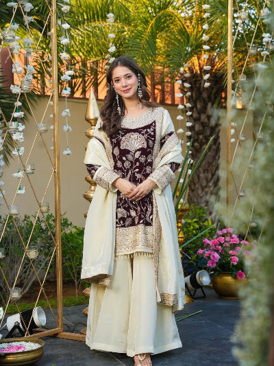 Ivory Maroon Velvet Organza Embroidered Sharara Suit