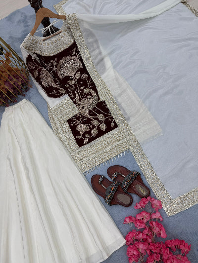 Ivory Maroon Velvet Organza Embroidered Sharara Suit