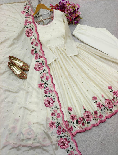 White Chinon Mukesh Work Anarkali Suit Set BONYHUB White Chinon Mukesh Work Anarkali Suit Set BONYHUB