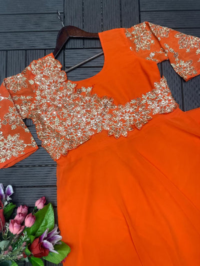 Orange Embroidery Trending Ready to wear Saree Gown