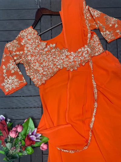 Orange Embroidery Trending Ready to wear Saree Gown