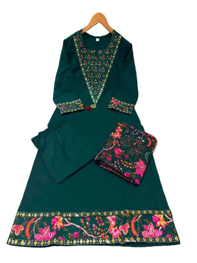Bottle Green Embroidered Cotton Straight Suit | 3 Piece Kurta Trouser Dupatta Set
