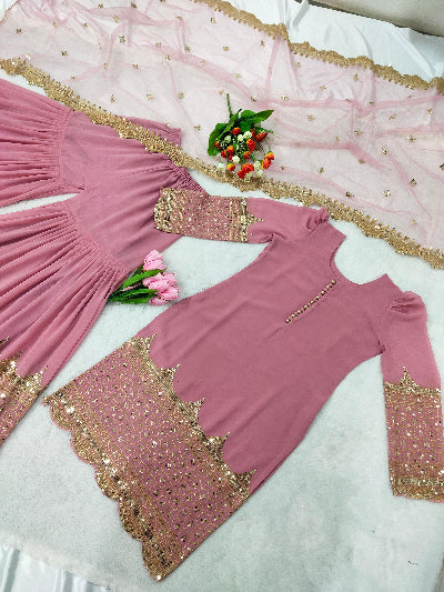 Pastel Blush Pink Gold Georgette Sharara Suit
