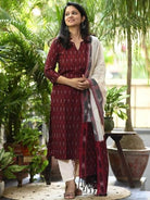 Maroon Handloom Khadi Cotton Straight Suit Set - BONYHUBSALWAR KAMEEZ
