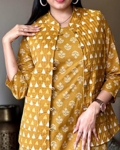 Mustard Yellow Cotton Kurti Pant With Quilted Warm Jacket - BONYHUBSALWAR KAMEEZ