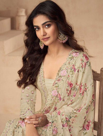 Aarna Beige Chinon Silk Embroidery Mirror Work Palazzo Suit Set - BONYHUBSALWAR KAMEEZ