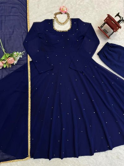 Ada Blue Georgette Gold Anarkali Suit UK Next Day - BONYHUBSALWAR KAMEEZ