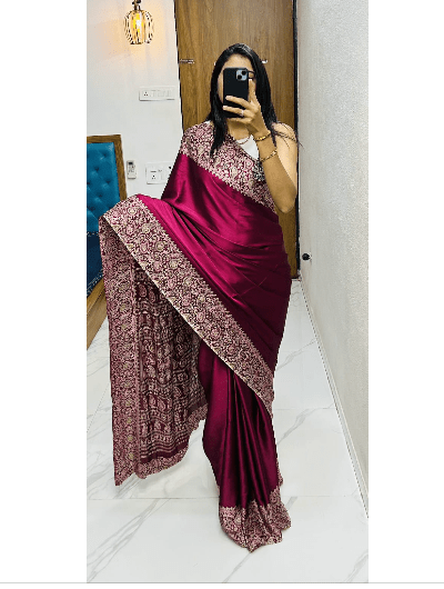 Ajrakh Gajji Silk Sari with Unsticth Blouse pc - BONYHUBSAREE