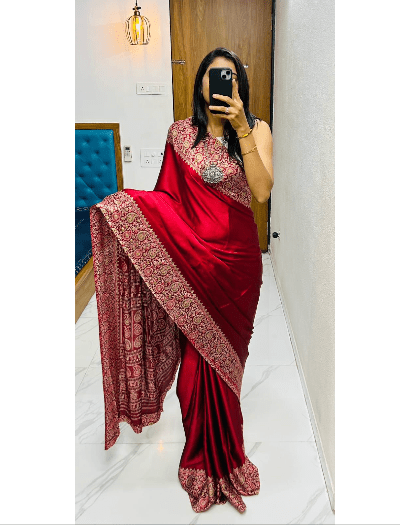 Ajrakh Gajji Silk Sari with Unsticth Blouse pc - BONYHUBSAREE