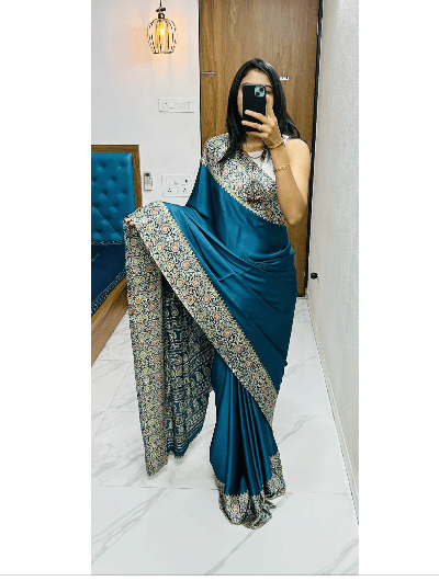 Ajrakh Gajji Silk Sari with Unsticth Blouse pc - BONYHUBSAREE