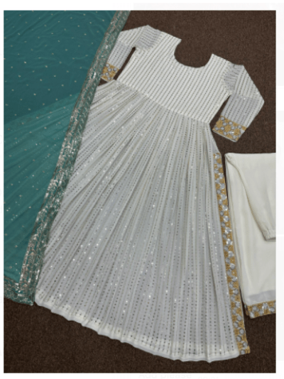 Anarkali Gold Embroidery Gown Set of 3 - BONYHUBSALWAR KAMEEZ