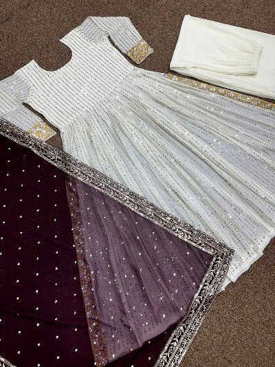 Anarkali Gold Embroidery Gown Set of 3 - BONYHUBSALWAR KAMEEZ