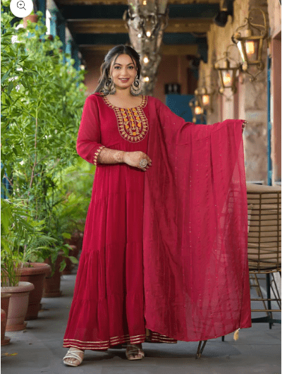 Anarkali Plus Size Crimson Red Kurti Dupatta Set of 2 - BONYHUBSALWAR KAMEEZ