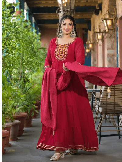 Anarkali Plus Size Crimson Red Kurti Dupatta Set of 2 - BONYHUBSALWAR KAMEEZ
