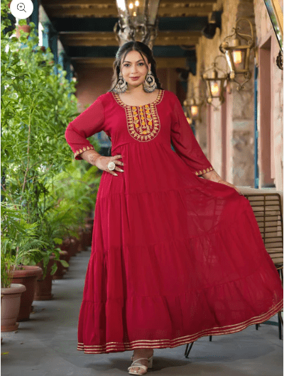 Anarkali Plus Size Crimson Red Kurti Dupatta Set of 2 - BONYHUBSALWAR KAMEEZ