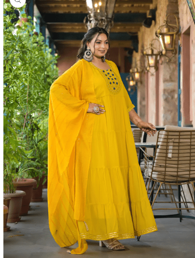 Anarkali Plus Size Lime Yellow Kurti Dupatta Set of 2 - BONYHUBSALWAR KAMEEZ