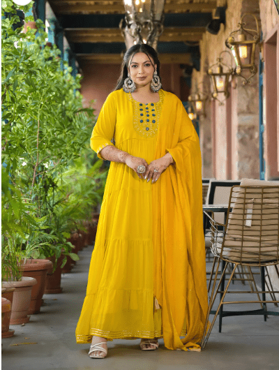 Anarkali Plus Size Lime Yellow Kurti Dupatta Set of 2 - BONYHUBSALWAR KAMEEZ