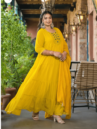 Anarkali Plus Size Lime Yellow Kurti Dupatta Set of 2 - BONYHUBSALWAR KAMEEZ